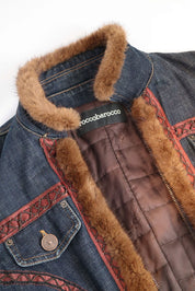 2000s Roccobarocco Denim Embroidered Fur Jacket – S