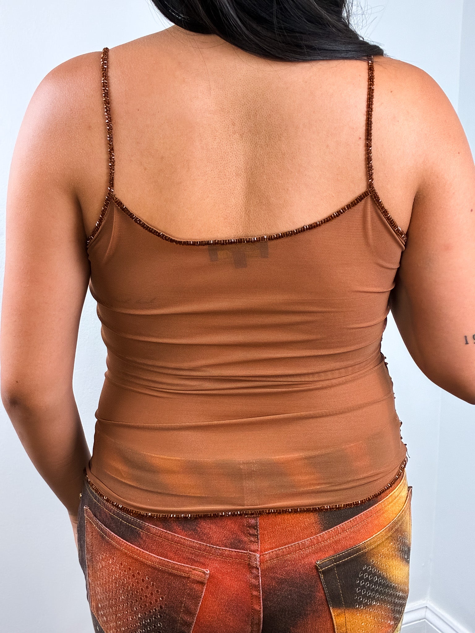 Luisa Spagnoli 2000s Bronze Beaded Sequin Floral Mesh Tank - XS/S
