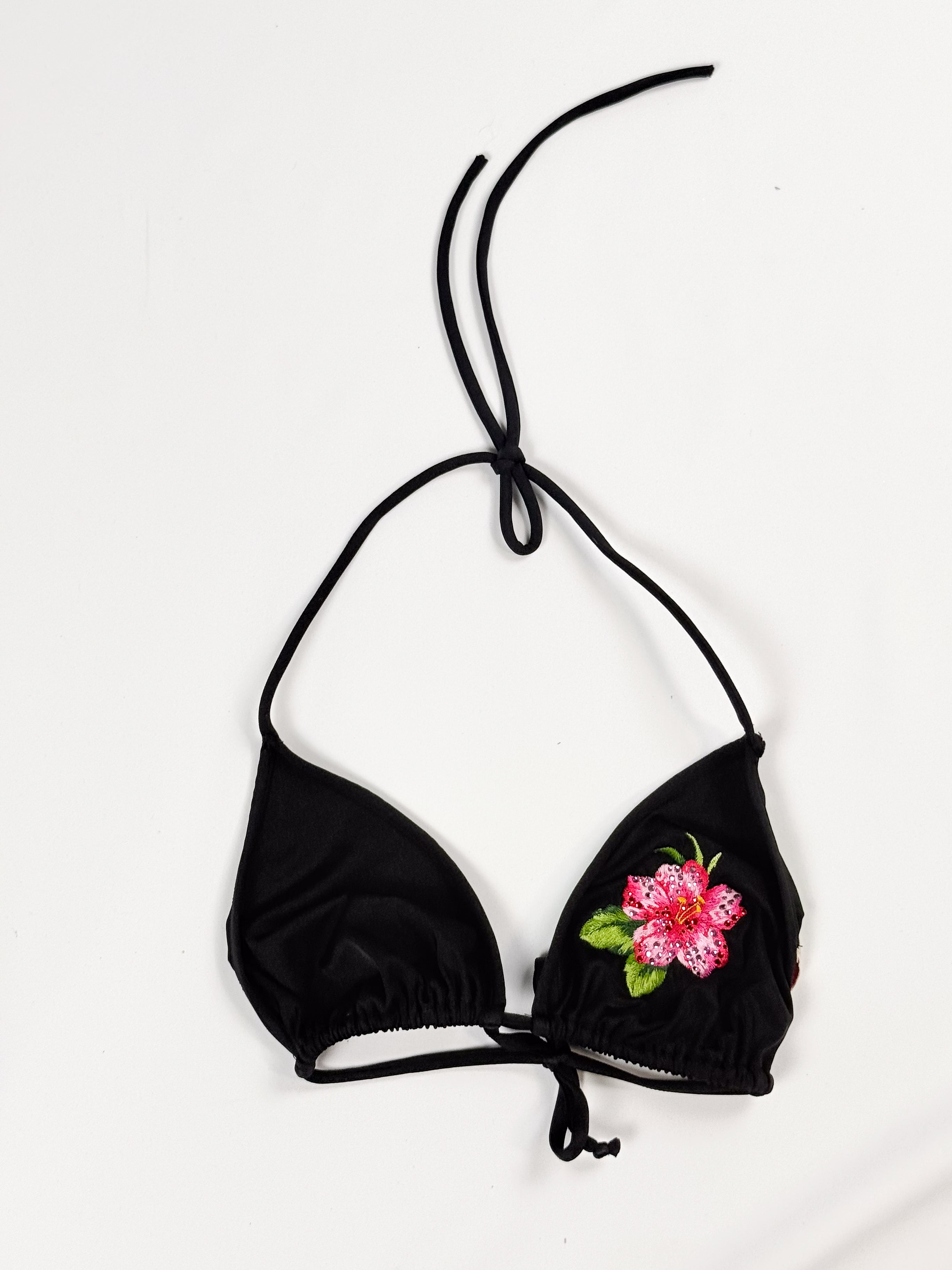 Blumarine 2000s Black Hibiscus Embroidered Bikini and Sarong Set – M/L