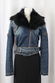 2000s Phard Dark Denim Jacket with Faux Fur – XS/S