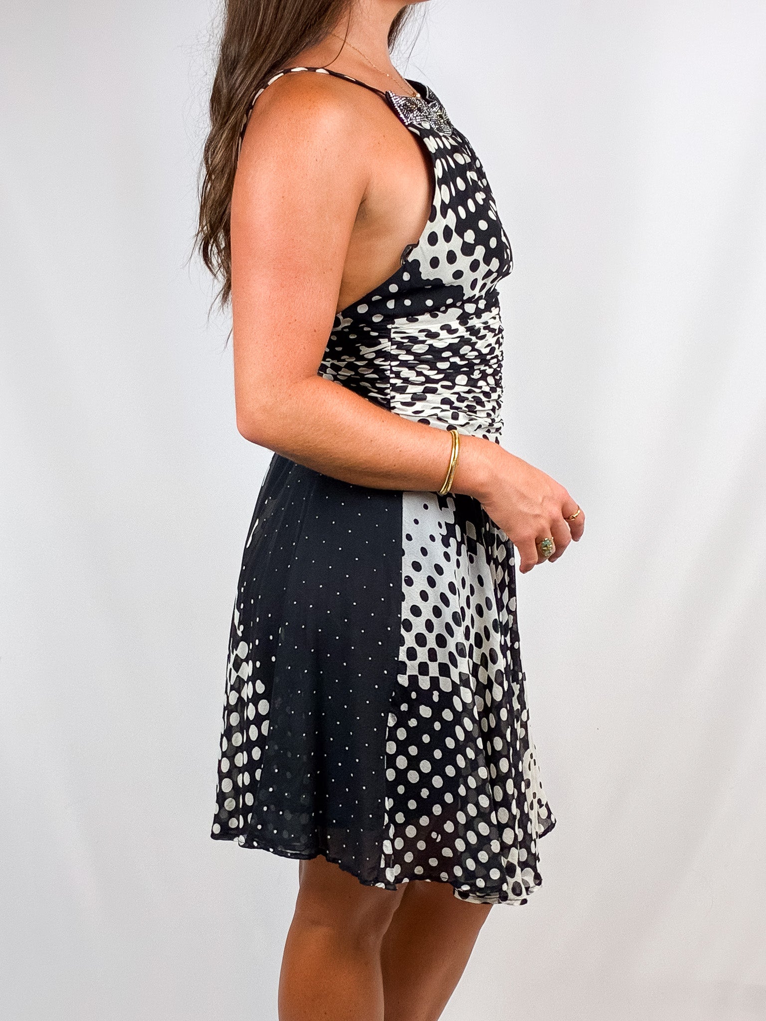 Gai Mattiolo 2000s Black & White Polka Dot Silk Party Dress - S/M