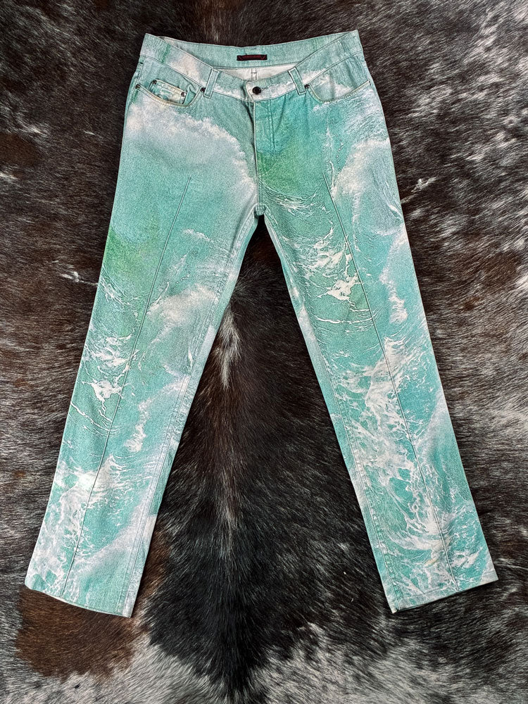 Roberto Cavalli 2003 Seafoam Wave-Print Low-Rise Jeans
