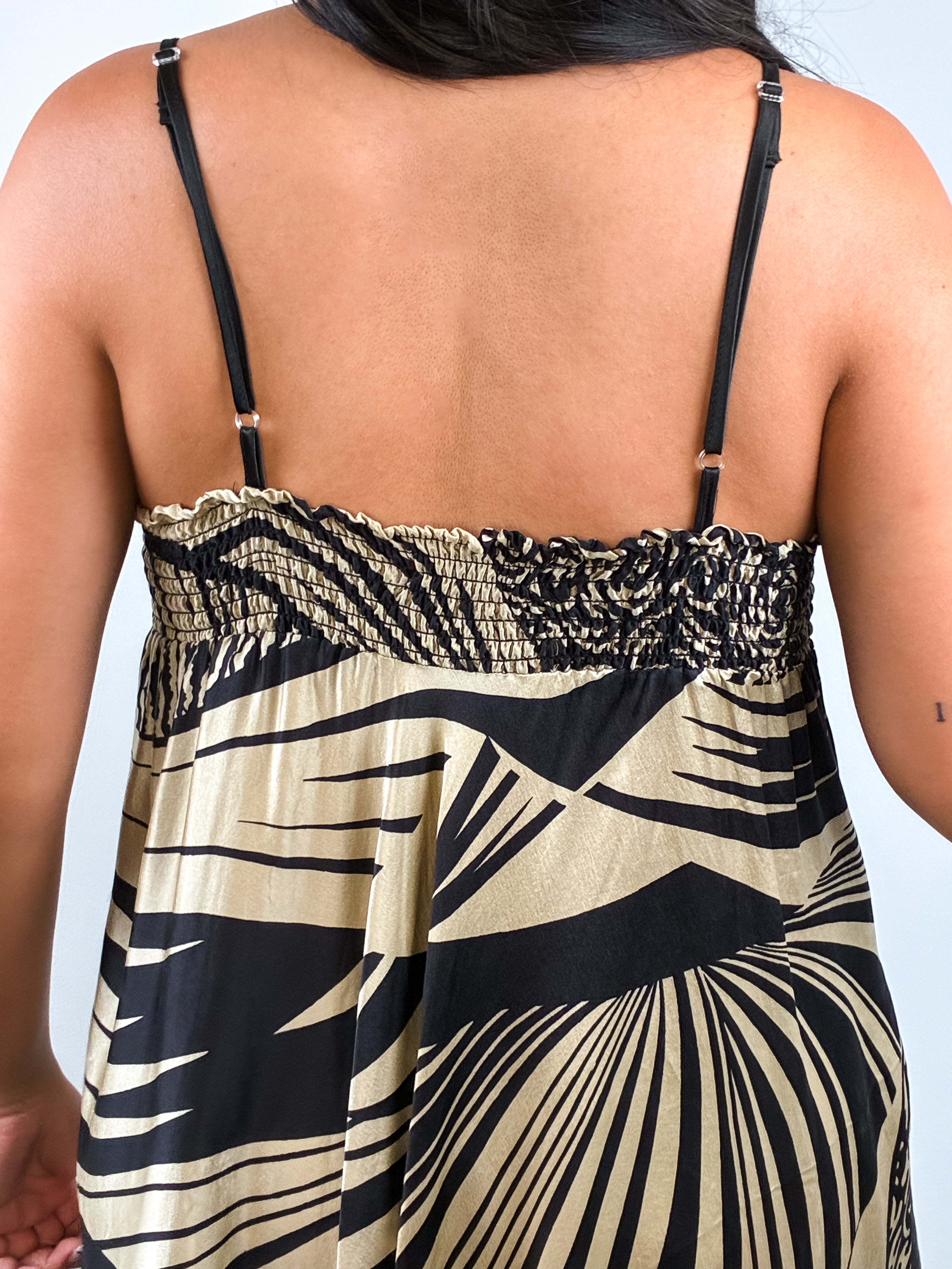 Derhy 2000s Black and Gold Palm Print Silk Handkerchief Hem Dress - M