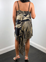 Derhy 2000s Black and Gold Palm Print Silk Handkerchief Hem Dress - M