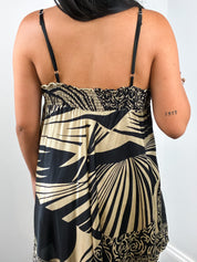 Derhy 2000s Black and Gold Palm Print Silk Handkerchief Hem Dress - M