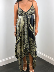 Derhy 2000s Black and Gold Palm Print Silk Handkerchief Hem Maxi Dress - M