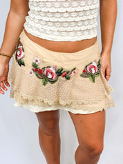 Pinko 2000s Beige Rose Appliqué Lace Mini Skirt - S/M