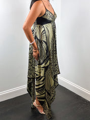 Derhy 2000s Black and Gold Palm Print Silk Handkerchief Hem Maxi Dress - M