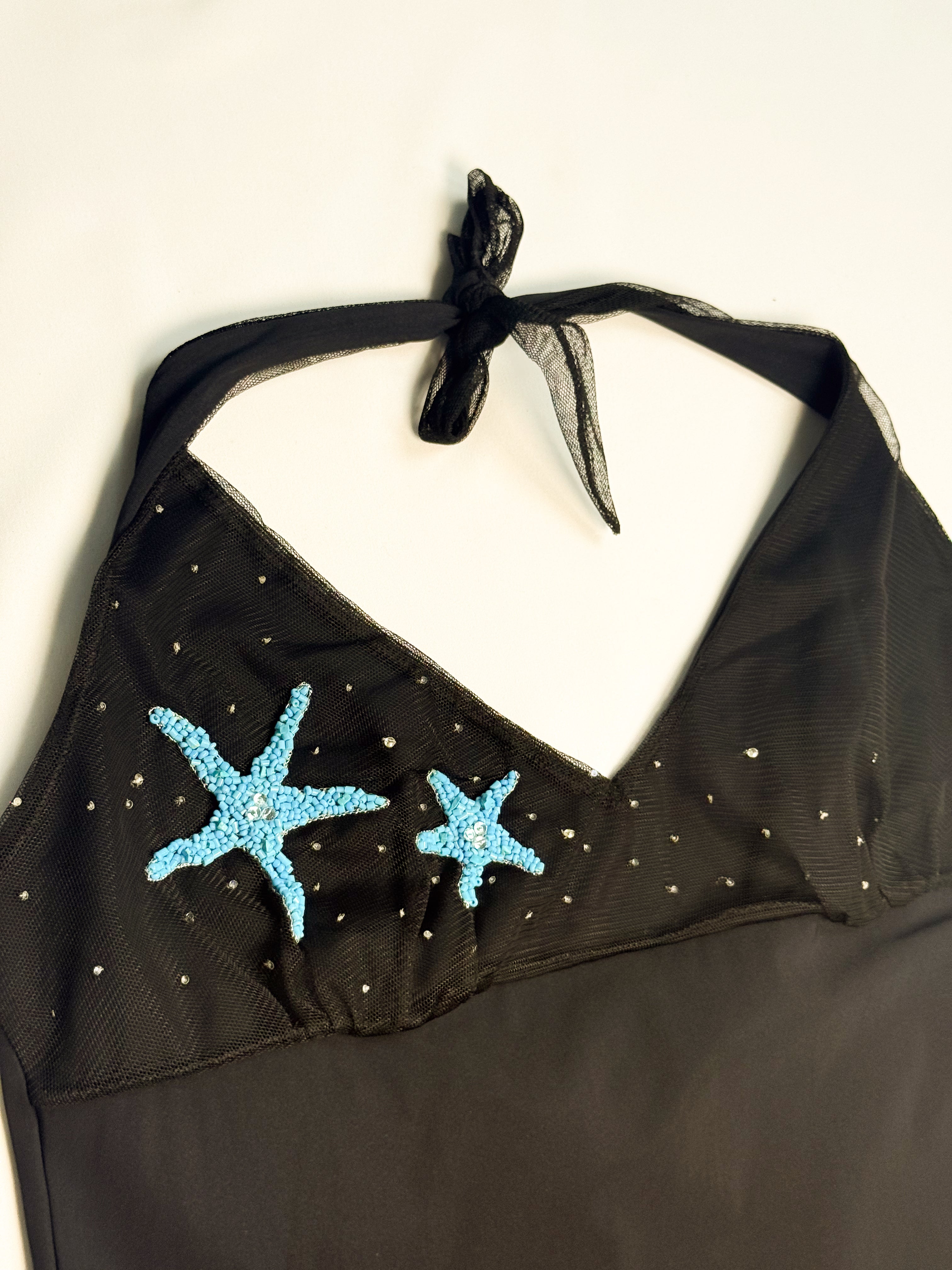 Blumarine Beachwear 2000s Black Halter Mini Dress with Starfish Beaded Detail - M/L