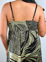 Derhy 2000s Black and Gold Palm Print Silk Handkerchief Hem Maxi Dress - M