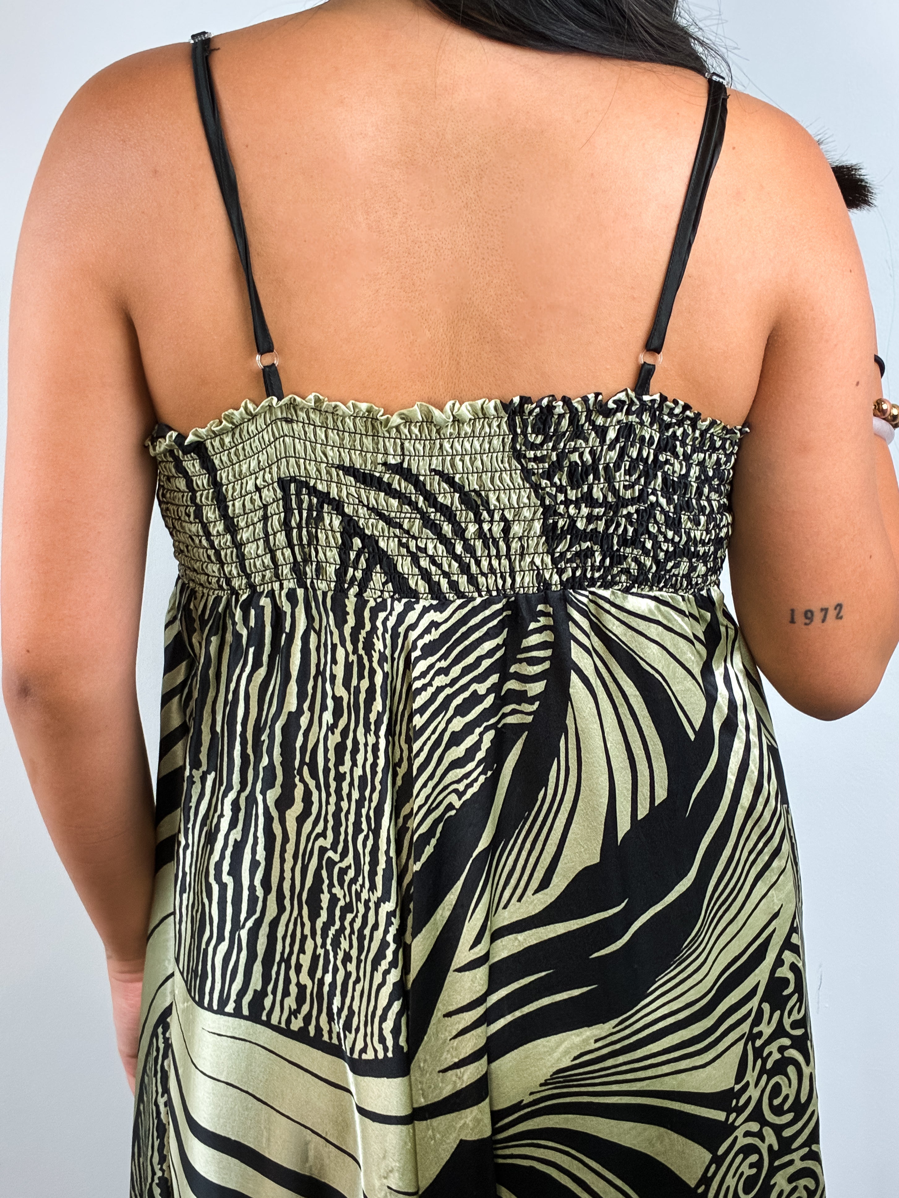 Derhy 2000s Black and Gold Palm Print Silk Handkerchief Hem Maxi Dress - M