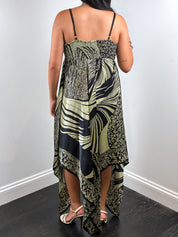 Derhy 2000s Black and Gold Palm Print Silk Handkerchief Hem Maxi Dress - M