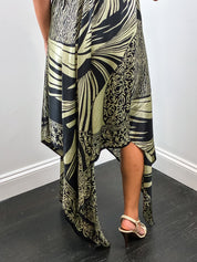 Derhy 2000s Black and Gold Palm Print Silk Handkerchief Hem Maxi Dress - M