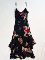 Ungaro Fuchsia 2000s Black Silk Floral and Fan Print Ruffle Maxi Dress - M