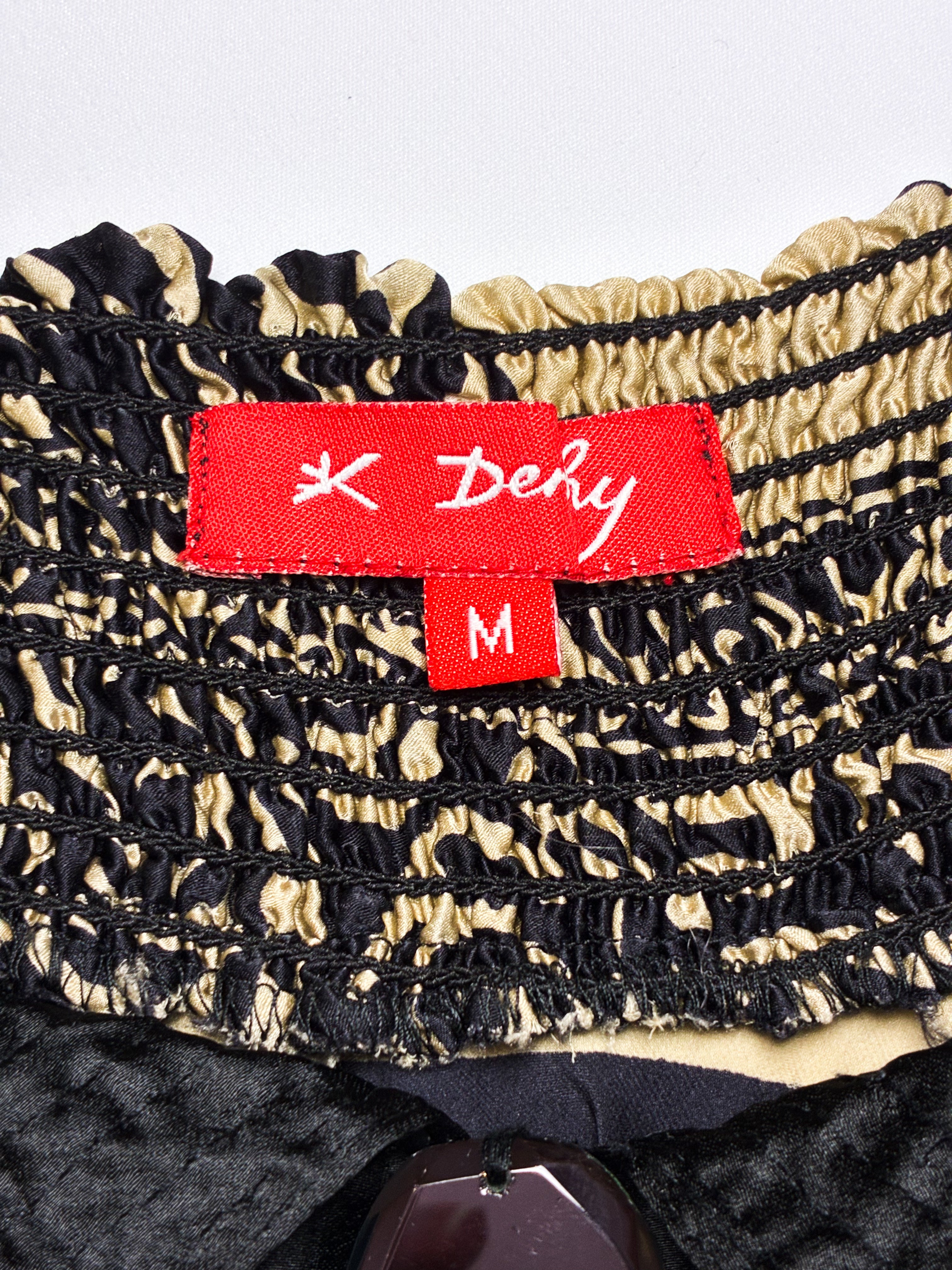 Derhy 2000s Black and Gold Palm Print Silk Handkerchief Hem Dress - M