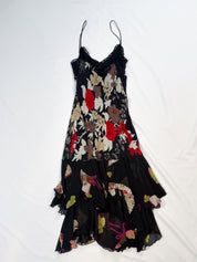 Ungaro Fuchsia 2000s Black Silk Floral and Fan Print Ruffle Maxi Dress - M