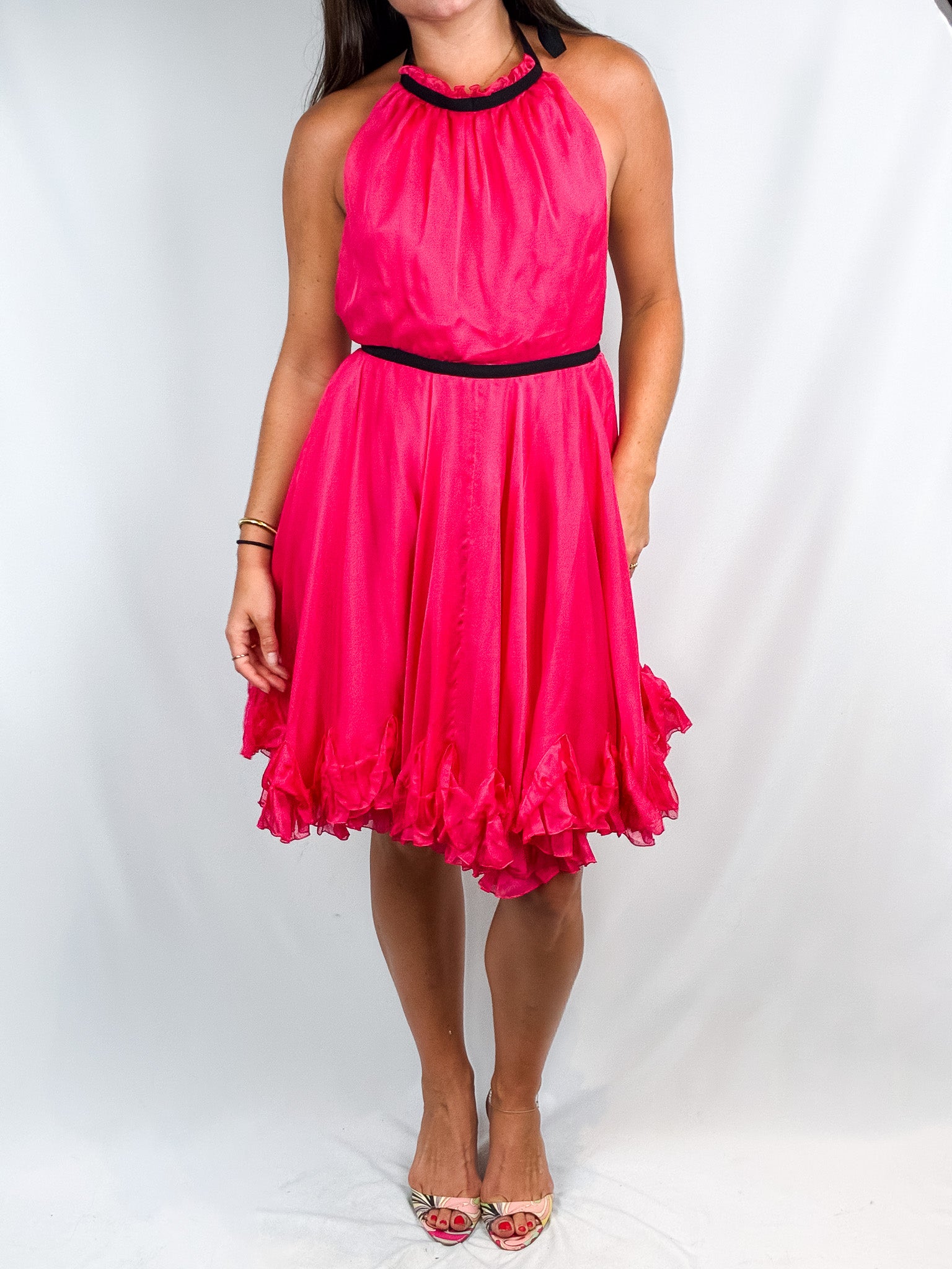 D&G 2000s Hot Pink Silk Backless Ruffle-Hem Halter Dress - M