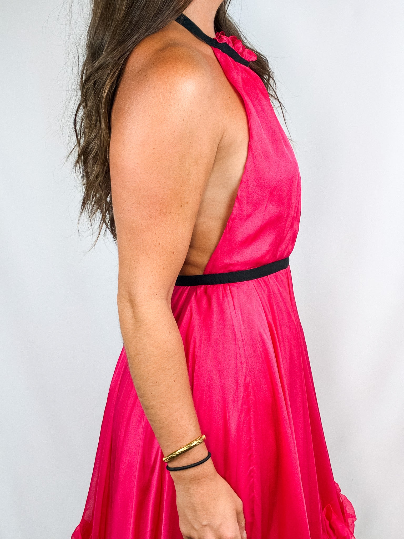 D&G 2000s Hot Pink Silk Backless Ruffle-Hem Halter Dress - M