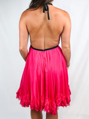 D&G 2000s Hot Pink Silk Backless Ruffle-Hem Halter Dress - M