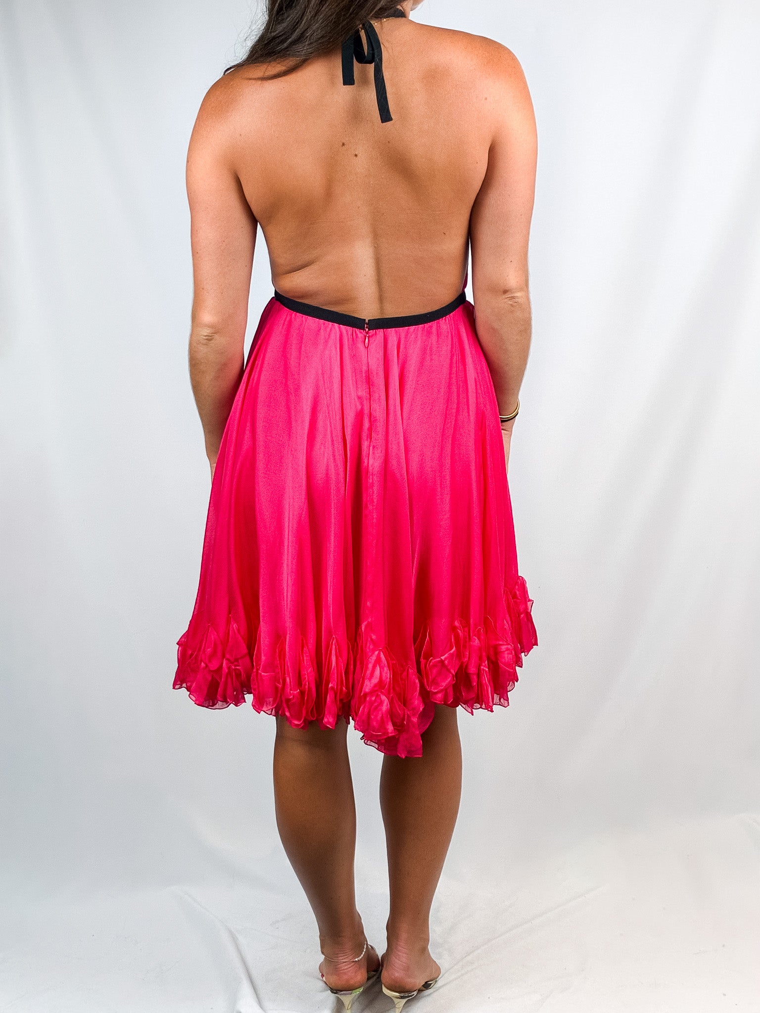 D&G 2000s Hot Pink Silk Backless Ruffle-Hem Halter Dress - M