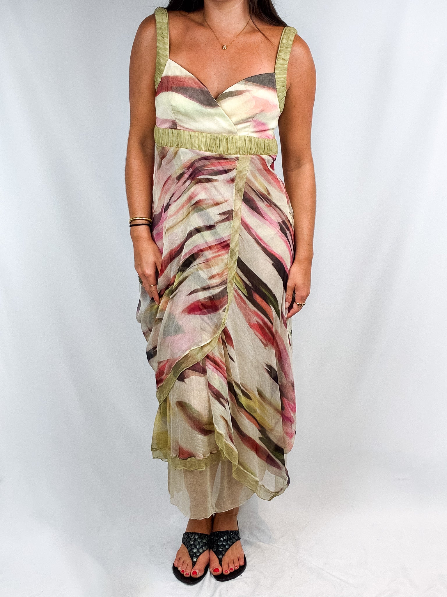 2000s Watercolor Print Chiffon Maxi Dress with Shawl