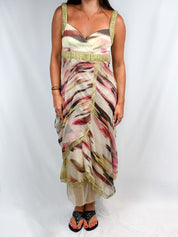 2000s Watercolor Print Chiffon Maxi Dress with Shawl - M/L