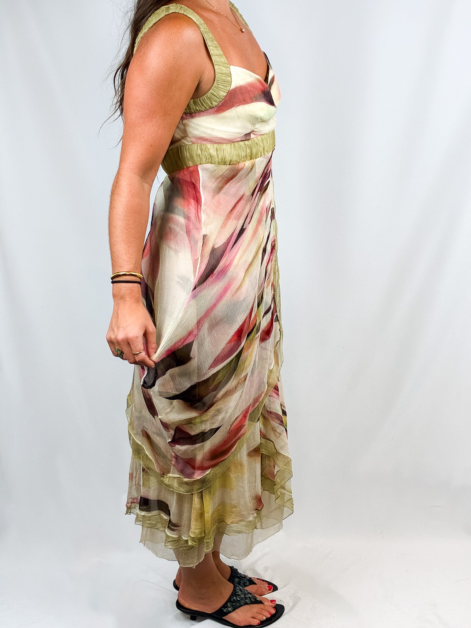 2000s Watercolor Print Chiffon Maxi Dress with Shawl - M/L