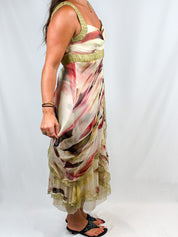2000s Watercolor Print Chiffon Maxi Dress with Shawl - M/L