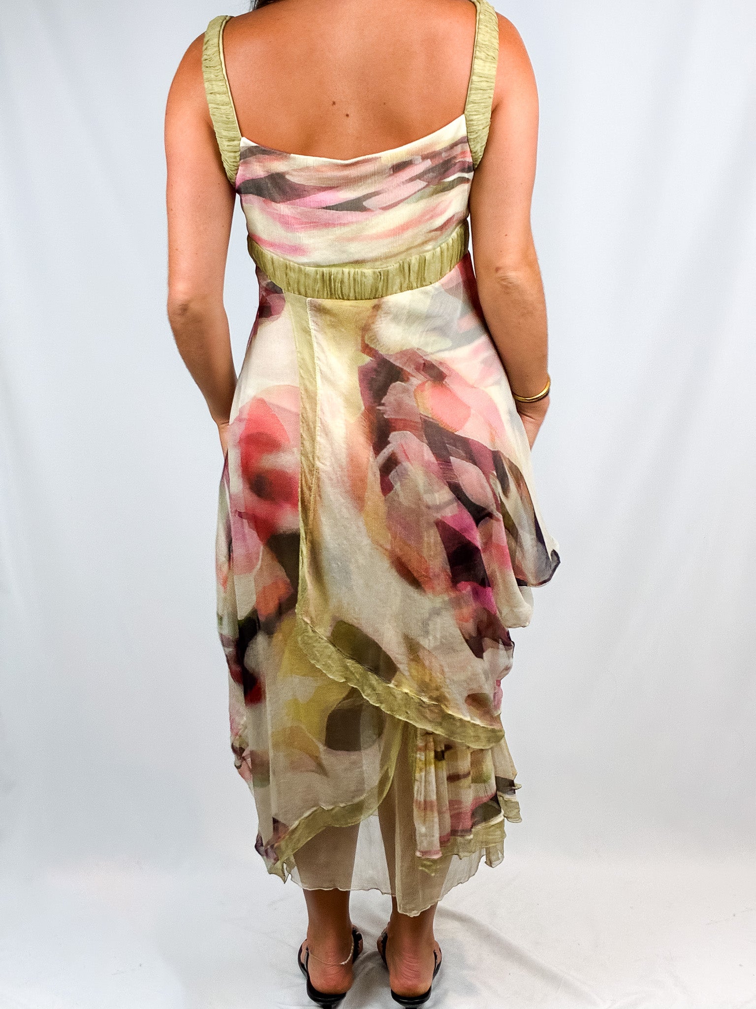 2000s Watercolor Print Chiffon Maxi Dress with Shawl - M/L