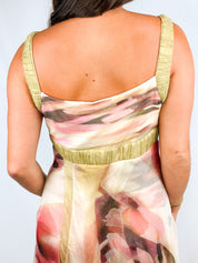 2000s Watercolor Print Chiffon Maxi Dress with Shawl - M/L