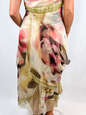 2000s Watercolor Print Chiffon Maxi Dress with Shawl - M/L