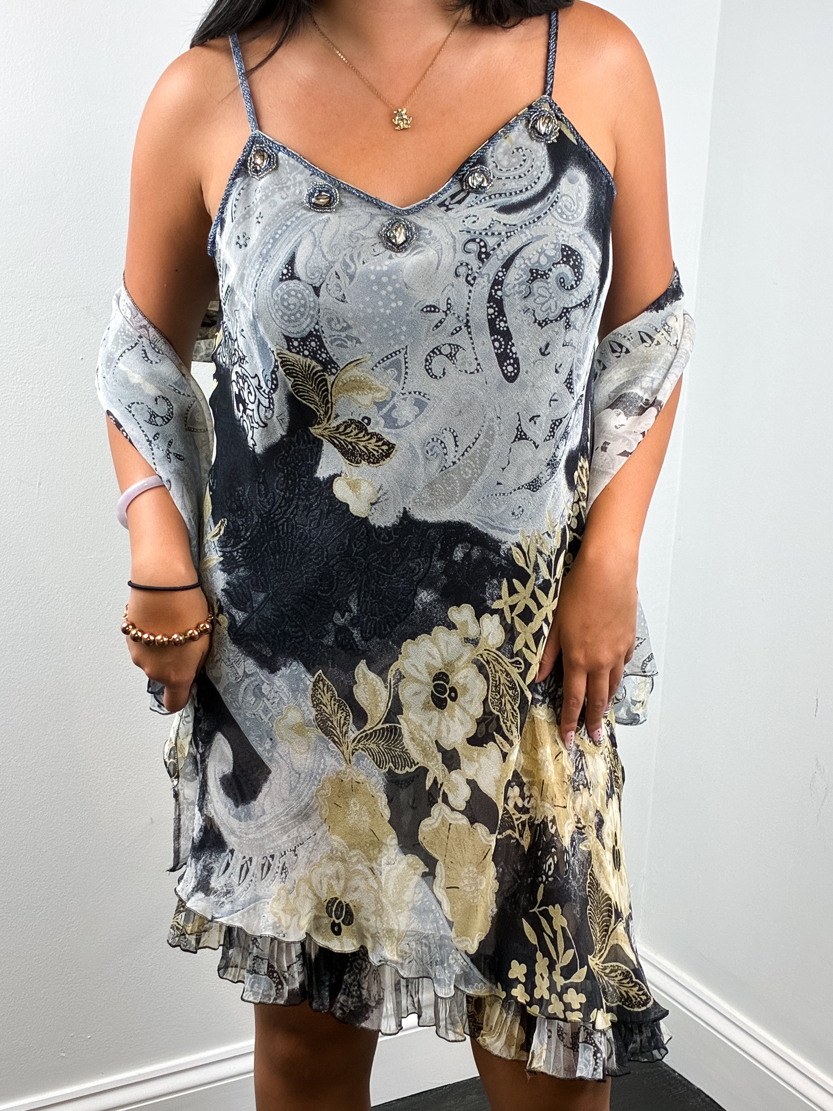 2000s Grey and Gold Paisley Print Beaded Slip Dress with Scarf - S/M