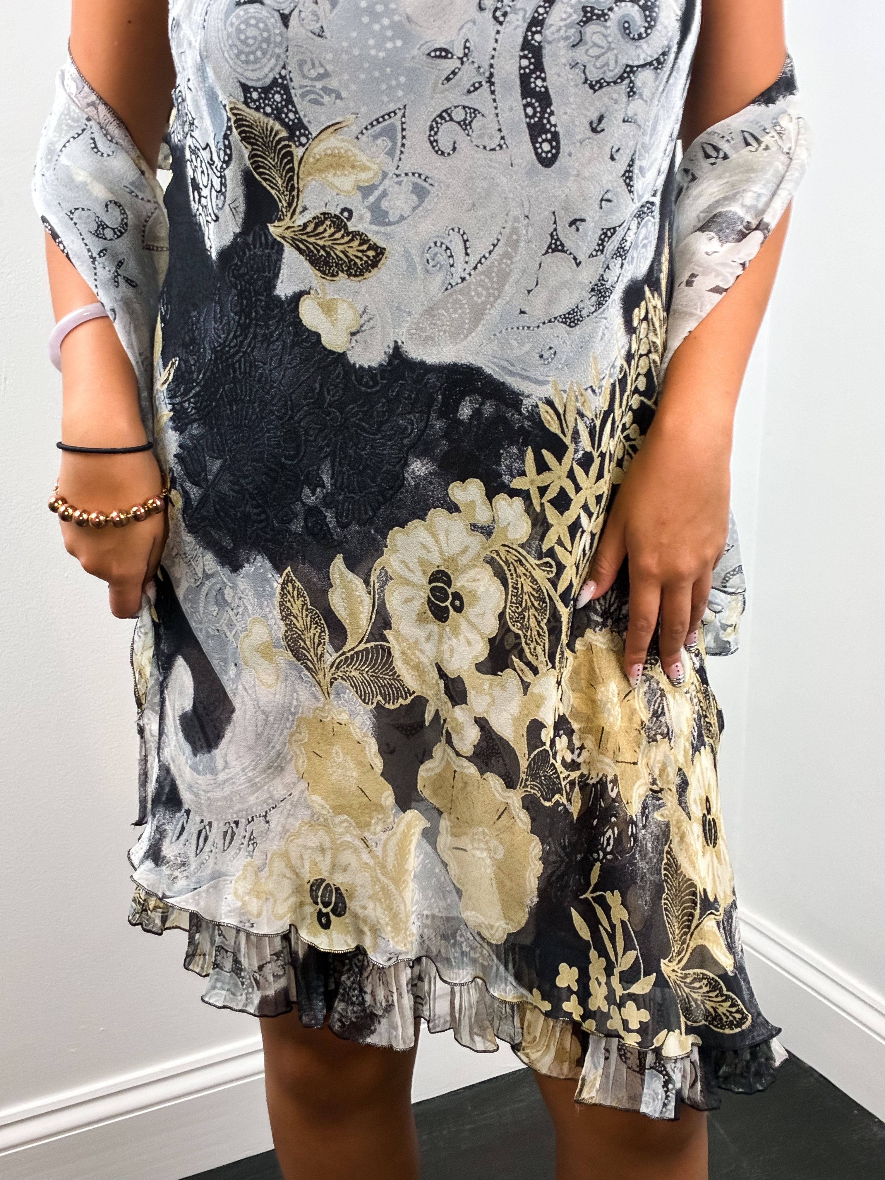 2000s Grey and Gold Paisley Print Beaded Slip Dress with Scarf - S/M