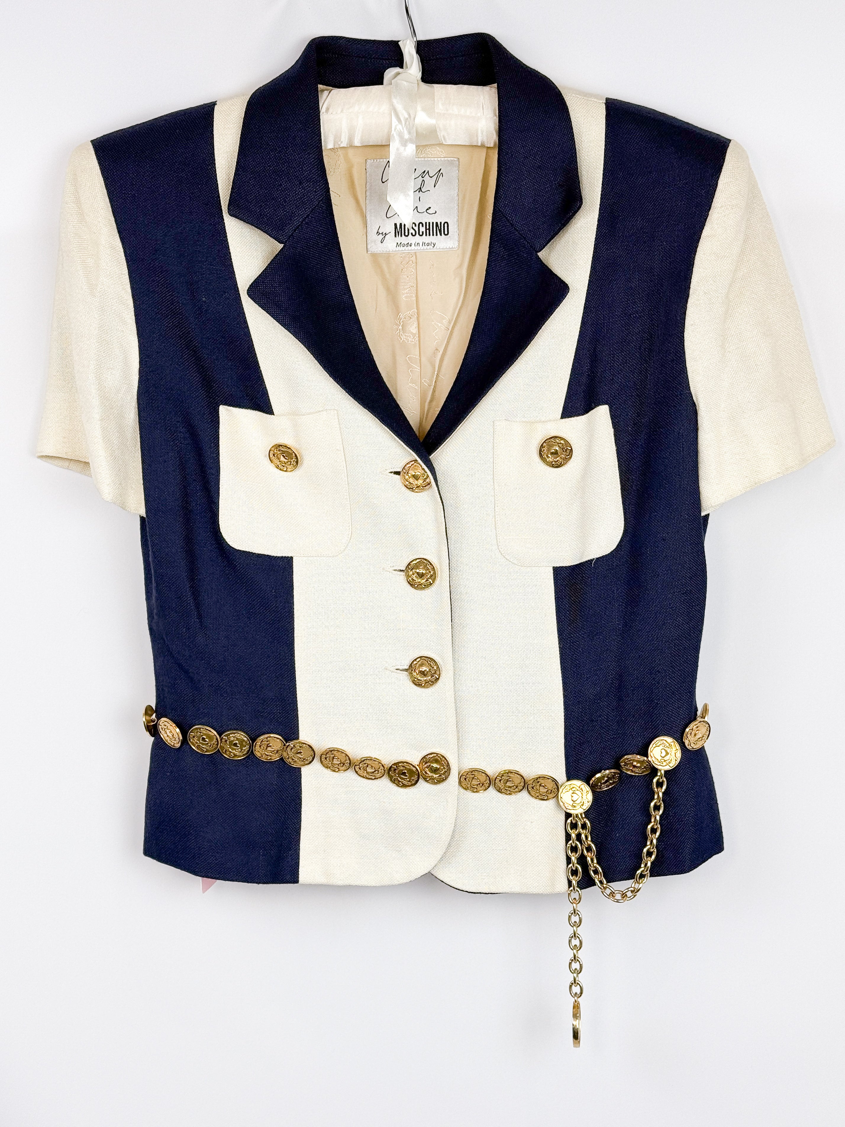 Moschino Cheap and Chic 1990s Navy & Cream Color-Block Blazer with Coin Belt - S/M