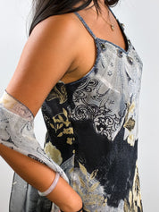 2000s Grey and Gold Paisley Print Beaded Slip Dress with Scarf - S/M