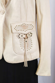 2000s Pinko Cream Leather Snakeskin Jacket – M