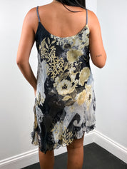 2000s Grey and Gold Paisley Print Beaded Slip Dress with Scarf - S/M
