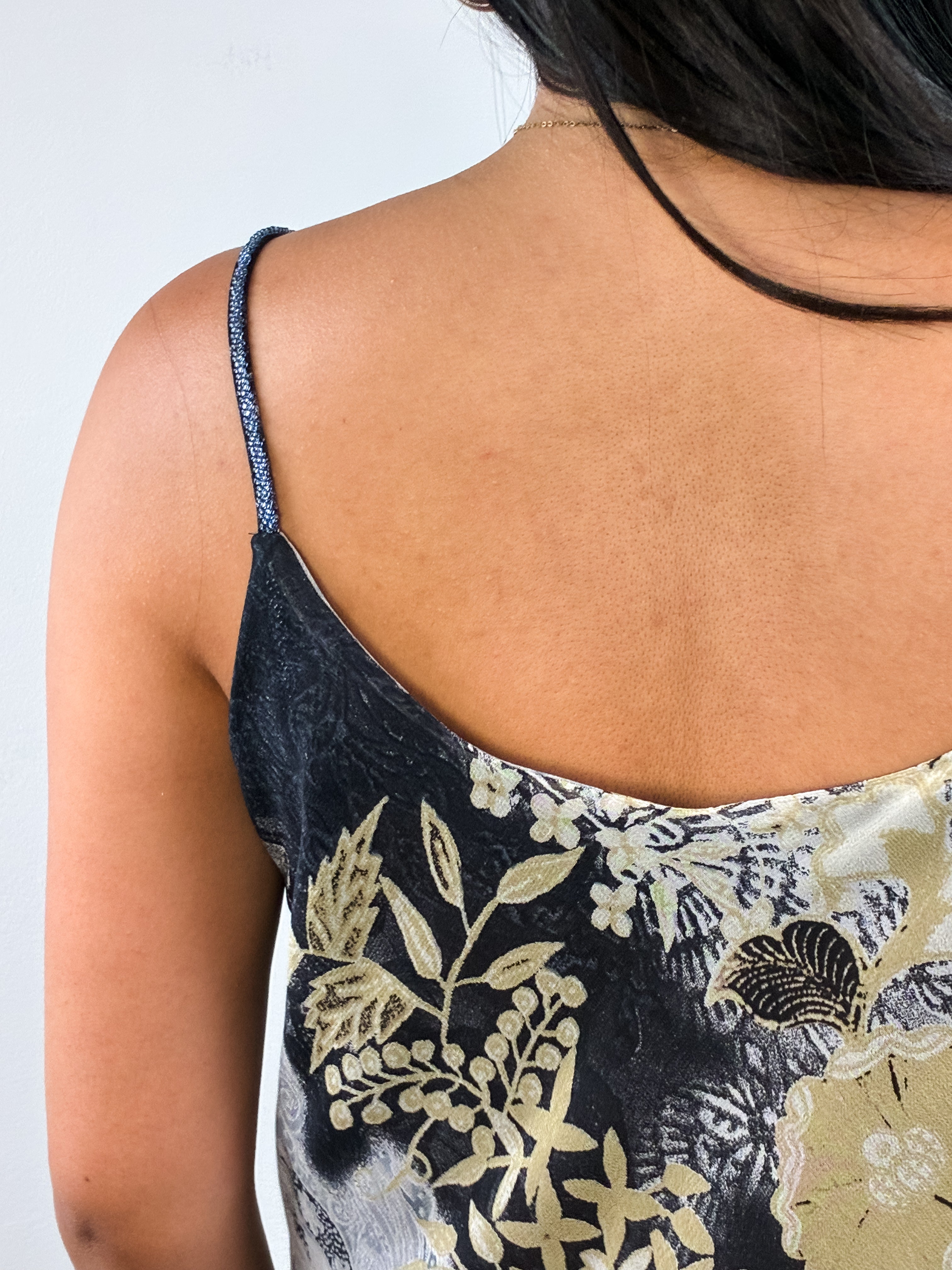 2000s Grey and Gold Paisley Print Beaded Slip Dress with Scarf - S/M