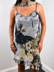 2000s Grey and Gold Paisley Print Beaded Slip Dress with Scarf - S/M