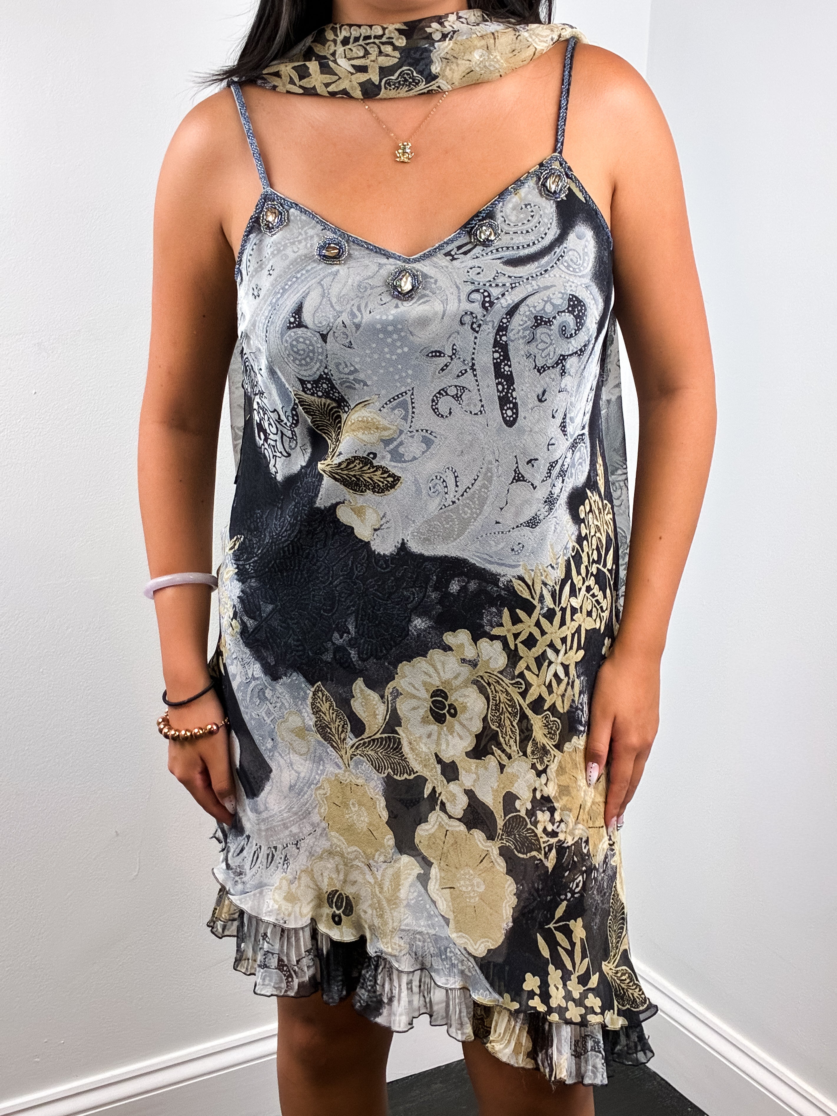 2000s Grey and Gold Paisley Print Beaded Slip Dress with Scarf - S/M