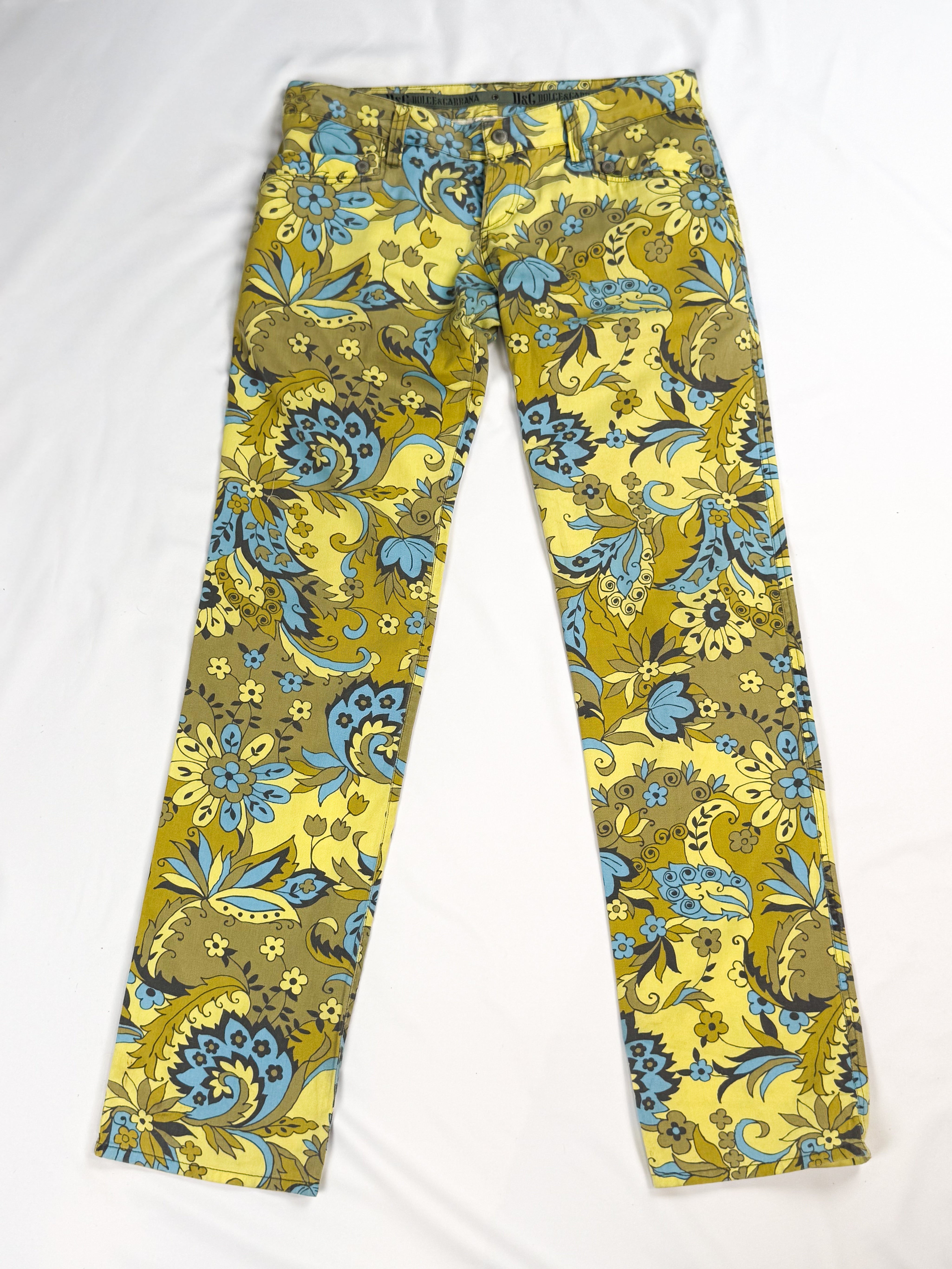 D&G Dolce & Gabbana 2004 Yellow and Blue Floral Print Straight Leg Jeans - S