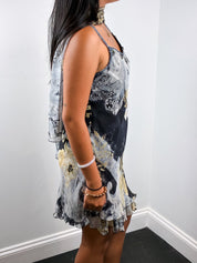 2000s Grey and Gold Paisley Print Beaded Slip Dress with Scarf - S/M
