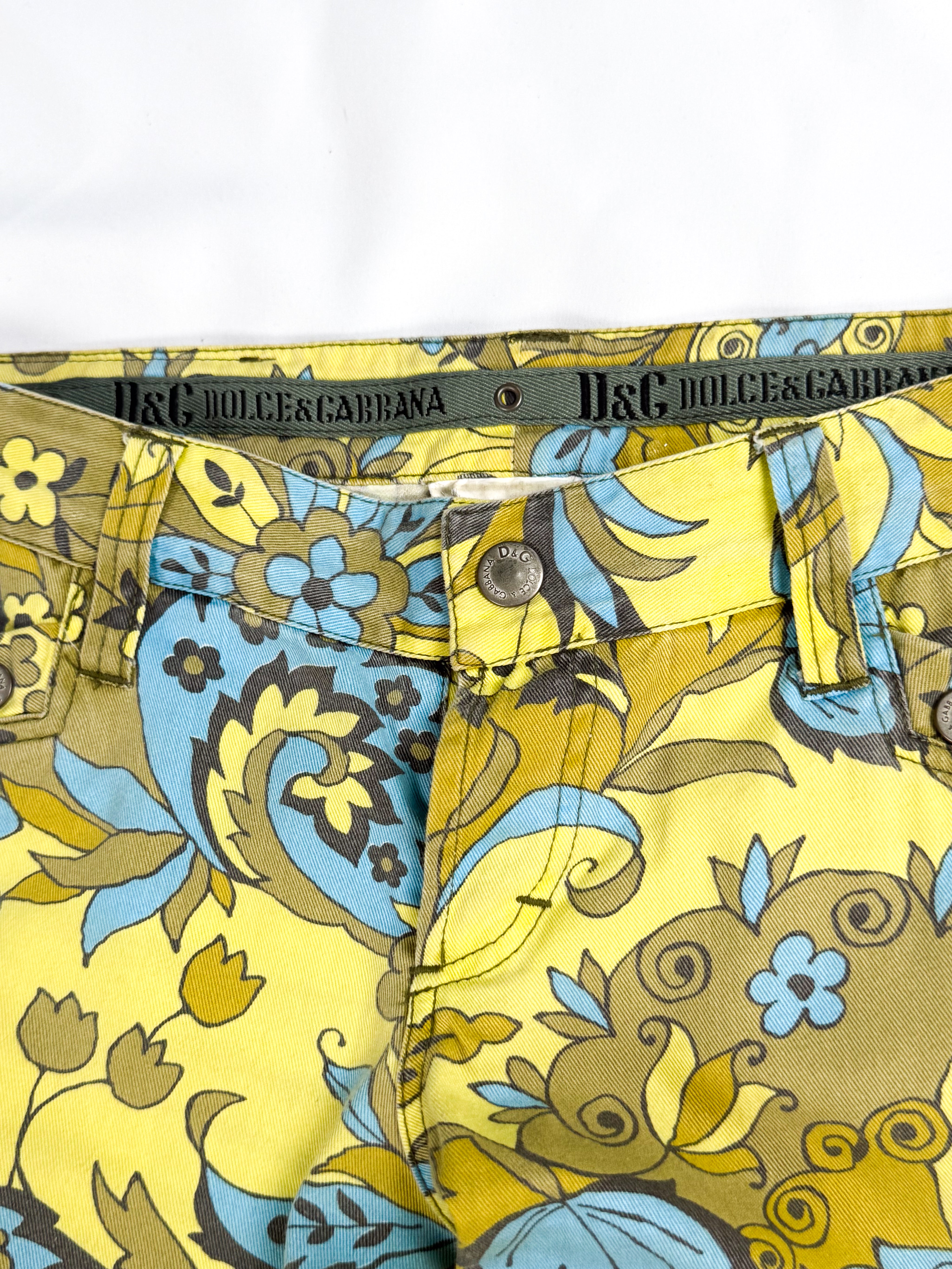 D&G Dolce & Gabbana 2004 Yellow and Blue Floral Print Straight Leg Jeans - S
