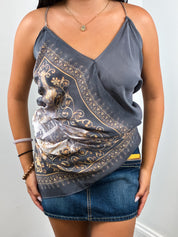 Patrizia Pepe 2000s Grey Baroque Print Silk Chain Strap Camisole - S-L