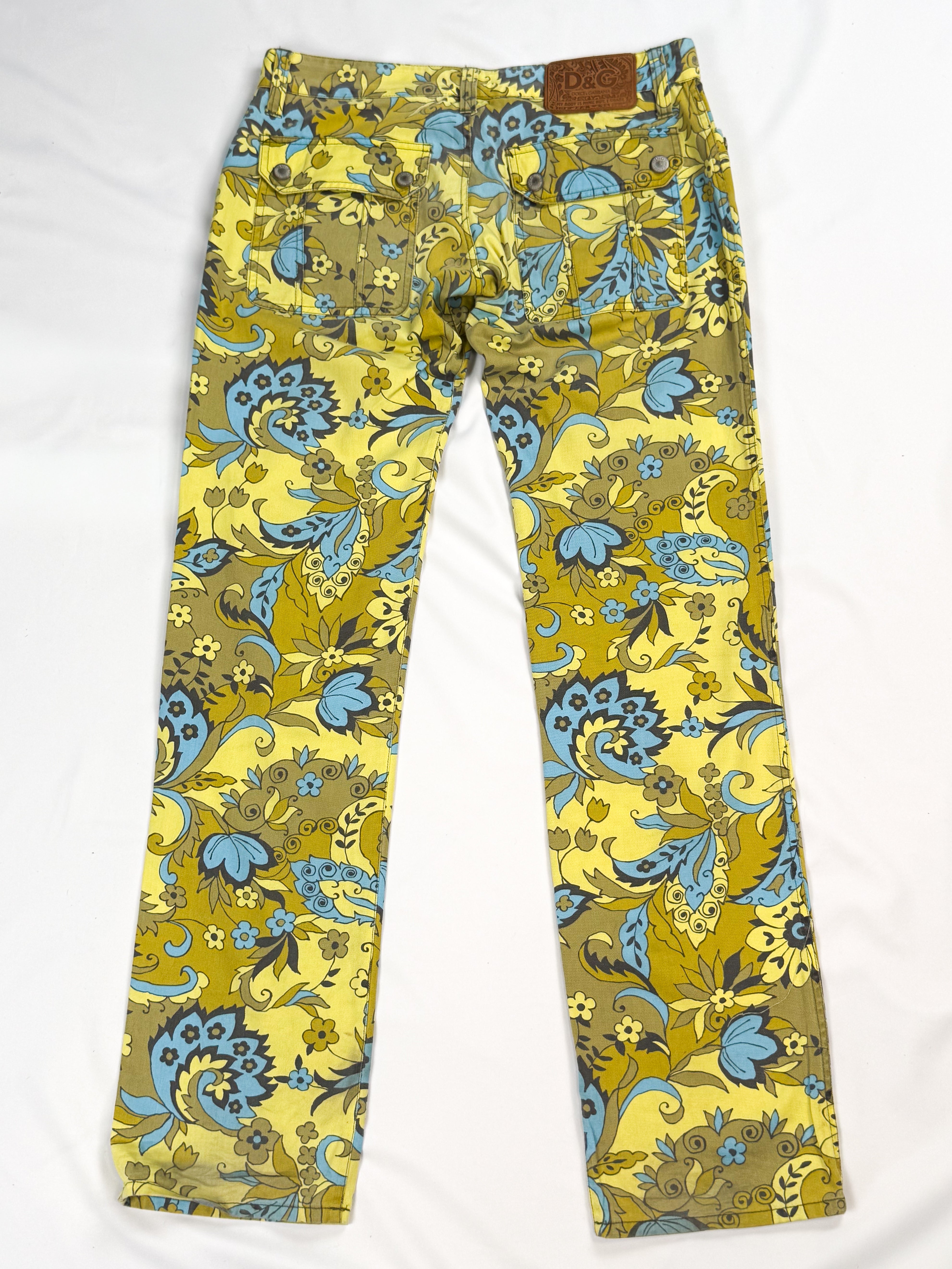 D&G Dolce & Gabbana 2004 Yellow and Blue Floral Print Straight Leg Jeans - S
