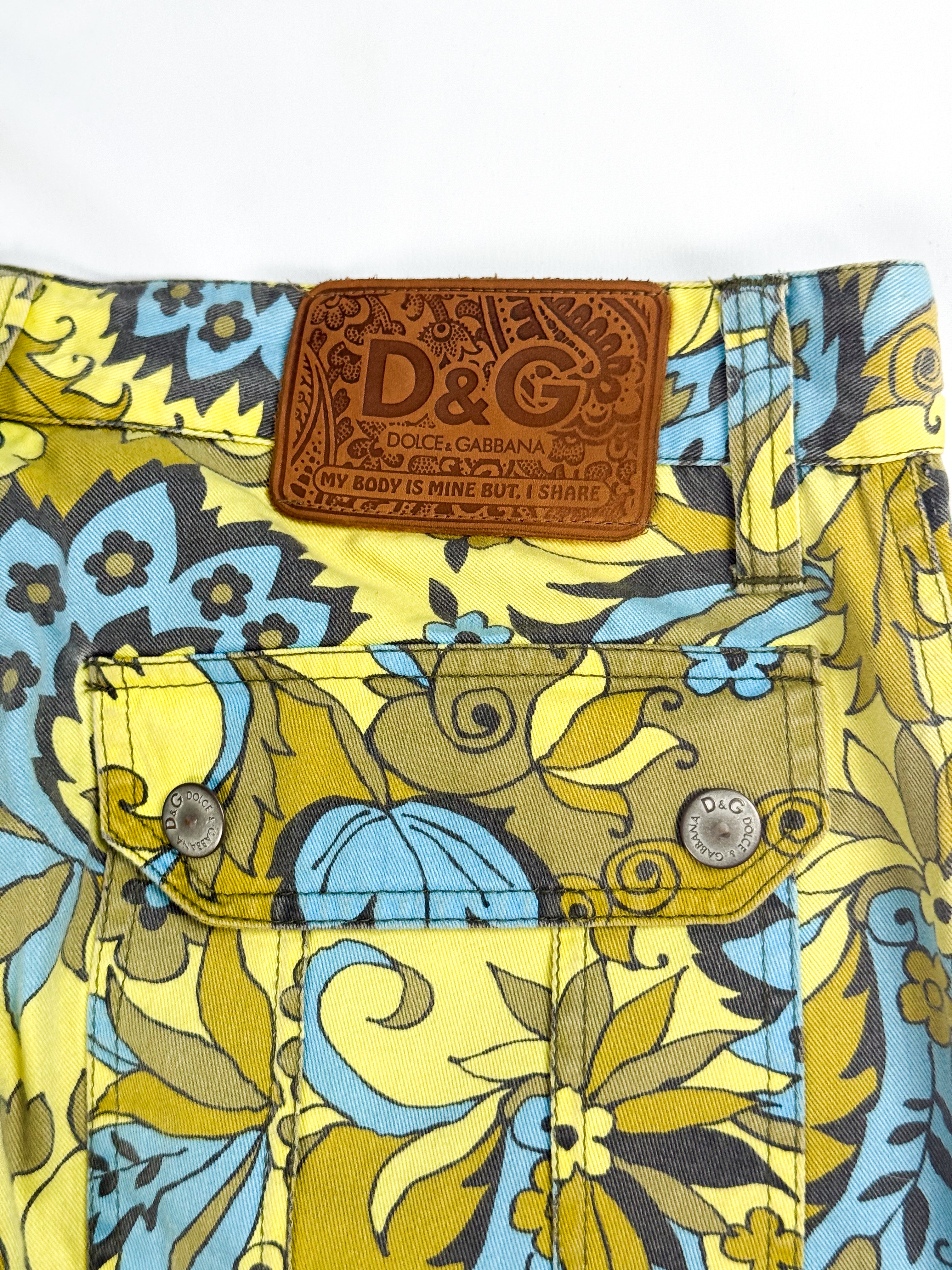 D&G Dolce & Gabbana 2004 Yellow and Blue Floral Print Straight Leg Jeans - S