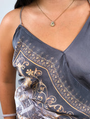 Patrizia Pepe 2000s Grey Baroque Print Silk Chain Strap Camisole - S-L