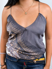 Patrizia Pepe 2000s Grey Baroque Print Silk Chain Strap Camisole - S-L