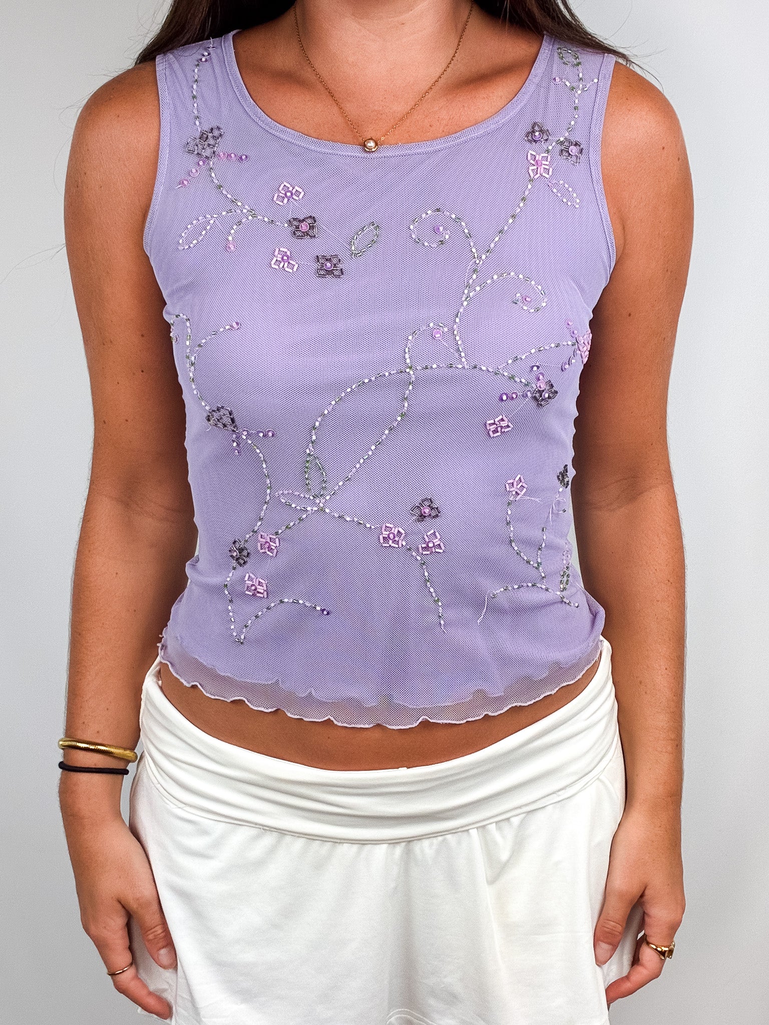 Club Med 1990s Lilac Beaded Floral Mesh Tank - S