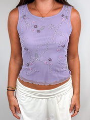 Club Med 1990s Lilac Beaded Floral Mesh Tank - S